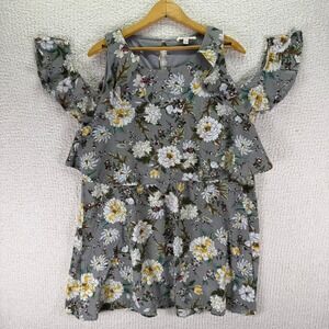 Umgee Floral Print‎ Cold Shoulder Ruffle Tiered Mini Dress Gray XL